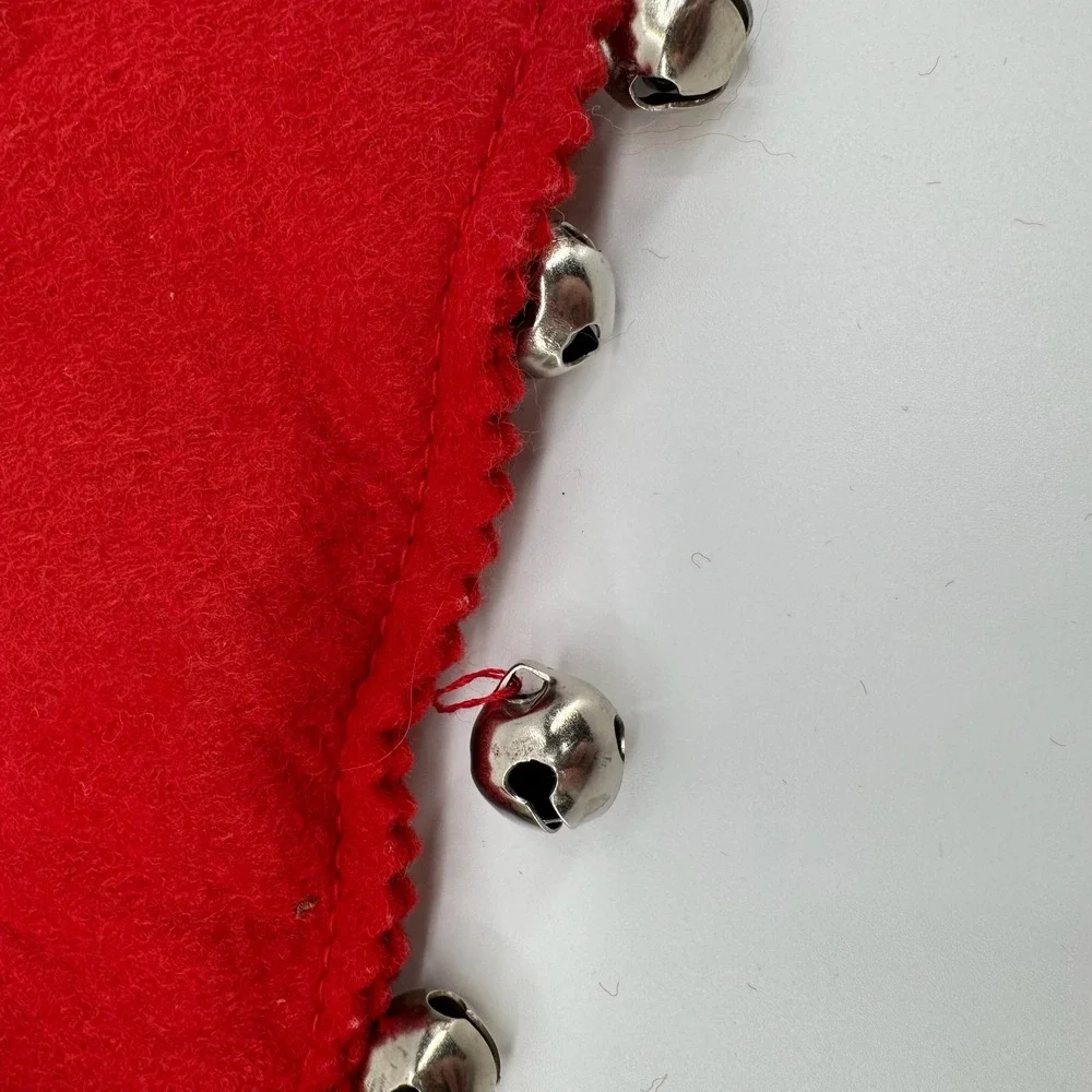 Vtg Red Felt Cat Pet Christmas Stocking Silver Jingle Bells Hanging Ornament
